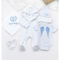 Крестильный набор с инициалом в веночке с боди голубой - фото