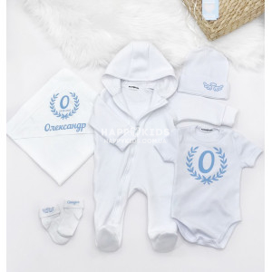 Набір новонародженому з ініціалом у віночку з боді блакитний - фото