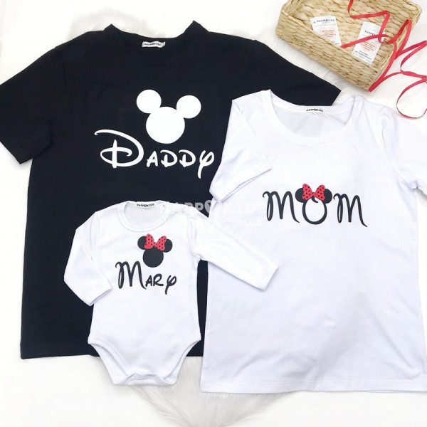 Набір сімейних футболок з Мінні маус, мама/тато/дочка - фото