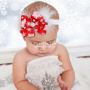 Пов'язка новорічна червона зі сніжинками новонародженої дівчинки 0-1 рік - фото