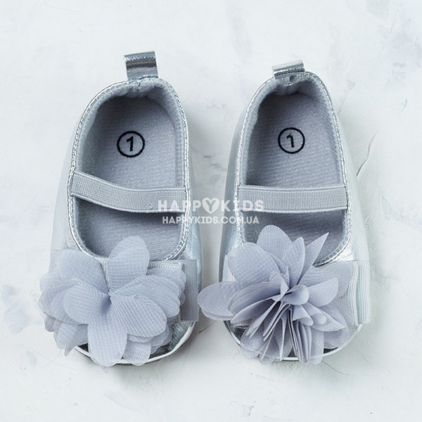 Туфельки-пінетки з квіточкою срібні 0-6міс - фото