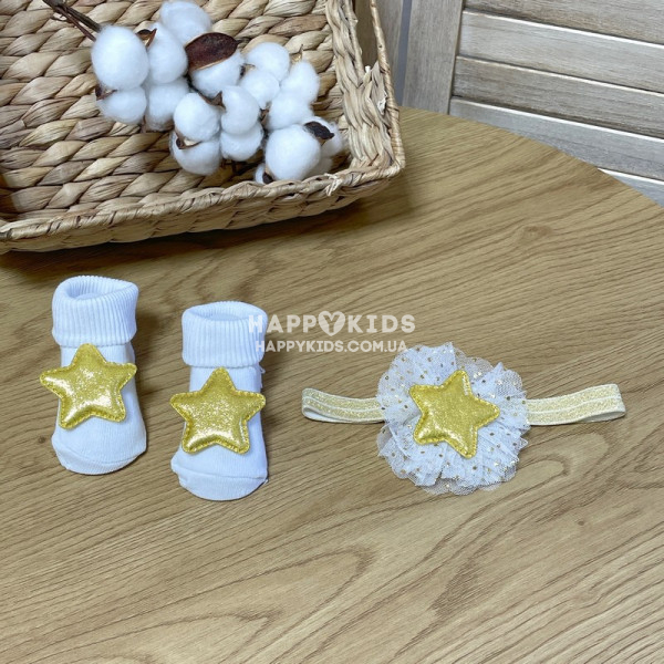 Комплект пов'язка і шкарпетки блискуча зірочка для новонародженої - фото