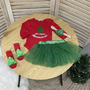 Святковий боді з написом "Мій перший Миколайчик" ялинка глітер Святковий боді з написом "Мій перший Миколайчик" ялинка глітер